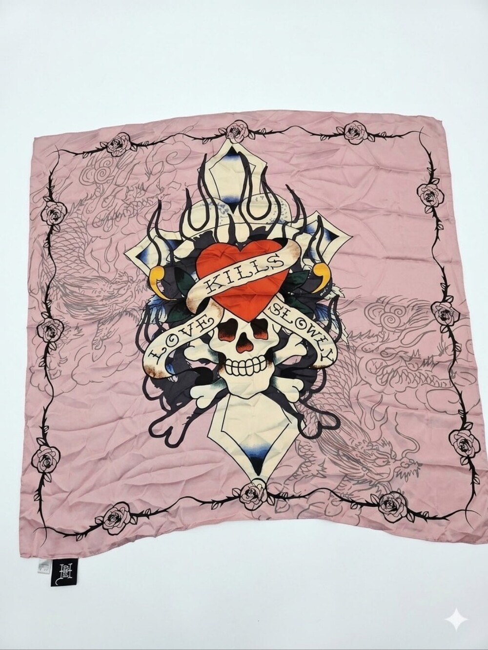 Ed Hardy Pink Skull Heart  Scarf with 'Love Kills Slowly' Graphic NWT